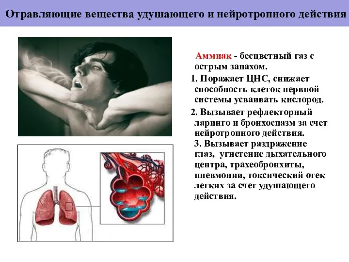 Отравляющие вещества удушающего и нейротропного действия Аммиак - бесцветный газ с