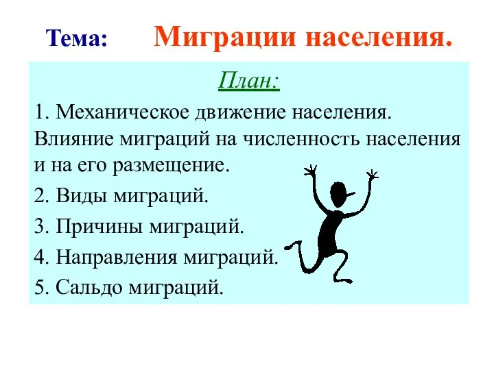 Тема: Миграции населения. План: 1. Механическое движение населения. Влияние миграций на