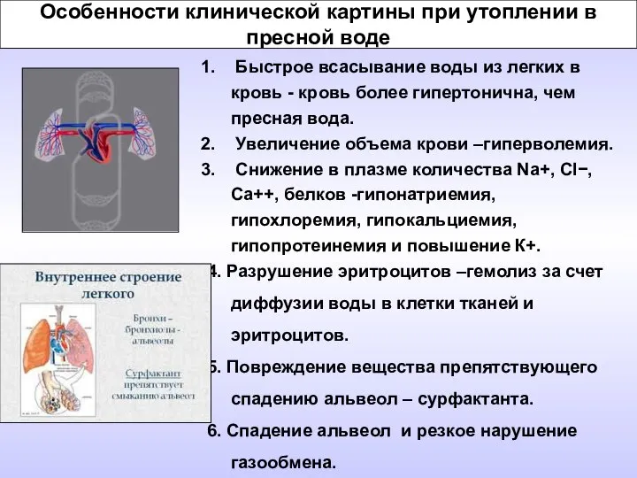 Особенности клинической картины при утоплении в пресной воде Быстрое всасывание воды