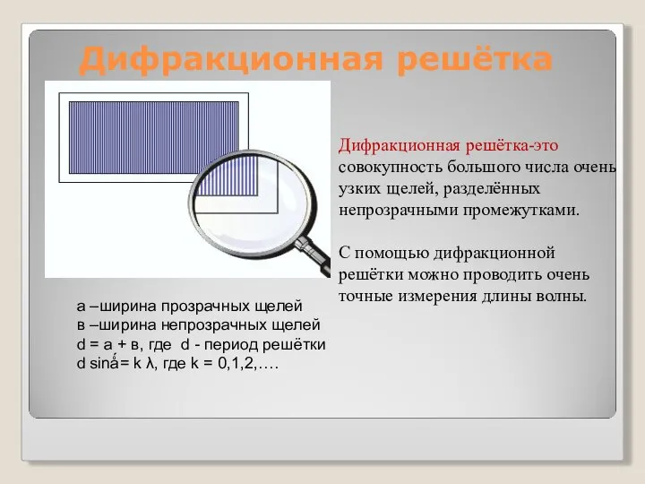 Дифракционная решётка Дифракционная решётка-это совокупность большого числа очень узких щелей, разделённых