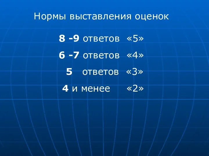 Нормы выставления оценок 8 -9 ответов «5» 6 -7 ответов «4»