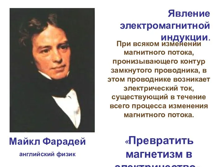 Явление электромагнитной индукции. Майкл Фарадей английский физик При всяком изменении магнитного