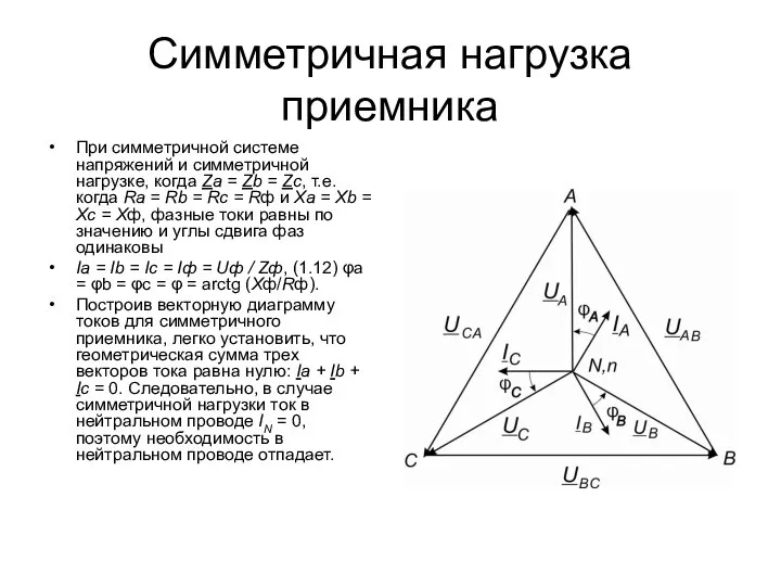 Симметричная нагрузка приемника При симметричной системе напряжений и симметричной нагрузке, когда