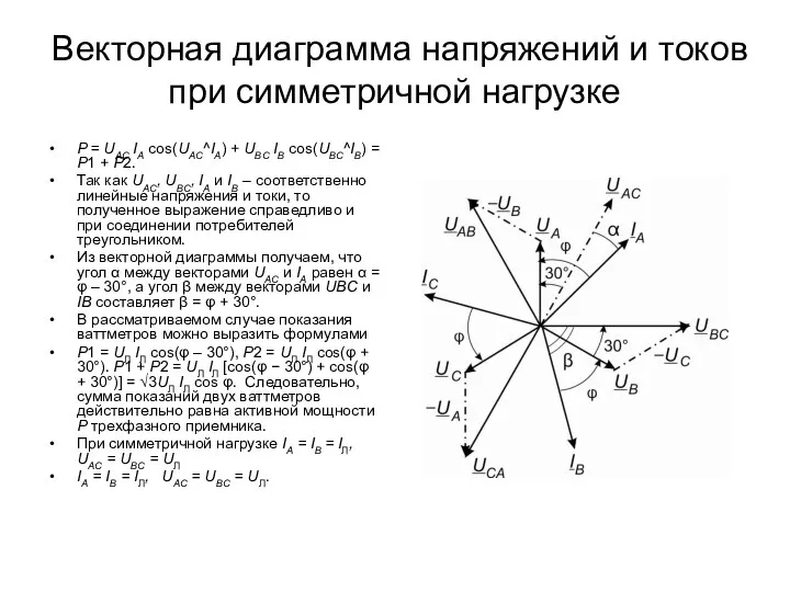 Векторная диаграмма напряжений и токов при симметричной нагрузке P = UAC