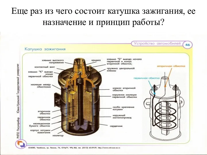 Еще раз из чего состоит катушка зажигания, ее назначение и принцип работы?