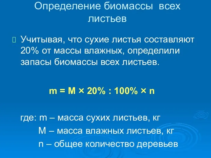 Определение биомассы всех листьев Учитывая, что сухие листья составляют 20% от