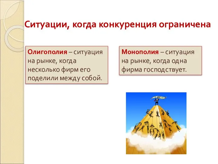 Ситуации, когда конкуренция ограничена Олигополия – ситуация на рынке, когда несколько