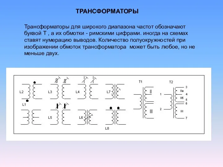 Трансформаторы для широкого диапазона частот обозначают буквой Т , а их