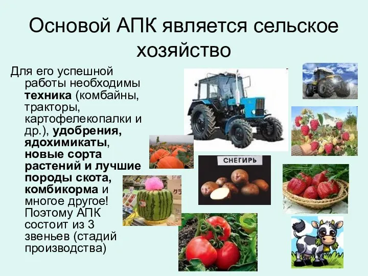 Основой АПК является сельское хозяйство Для его успешной работы необходимы техника