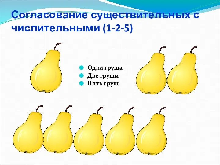 Согласование существительных с числительными (1-2-5) Одна груша Две груши Пять груш