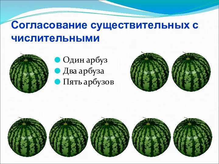 Согласование существительных с числительными Один арбуз Два арбуза Пять арбузов