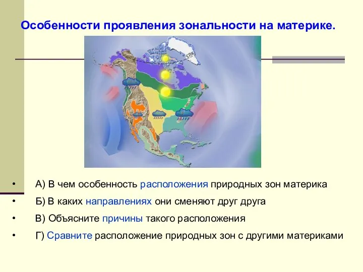 Особенности проявления зональности на материке. А) В чем особенность расположения природных