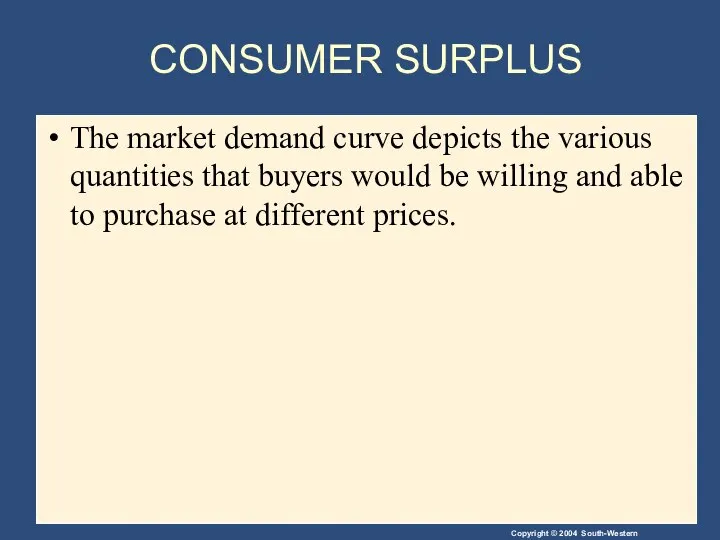 CONSUMER SURPLUS The market demand curve depicts the various quantities that