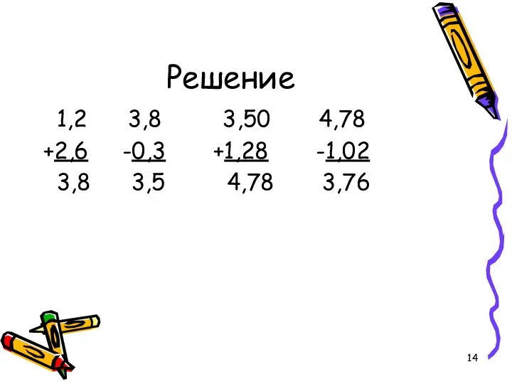 Решение 1,2 3,8 3,50 4,78 +2,6 -0,3 +1,28 -1,02 3,8 3,5 4,78 3,76