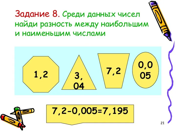 Задание 8. Среди данных чисел найди разность между наибольшим и наименьшим