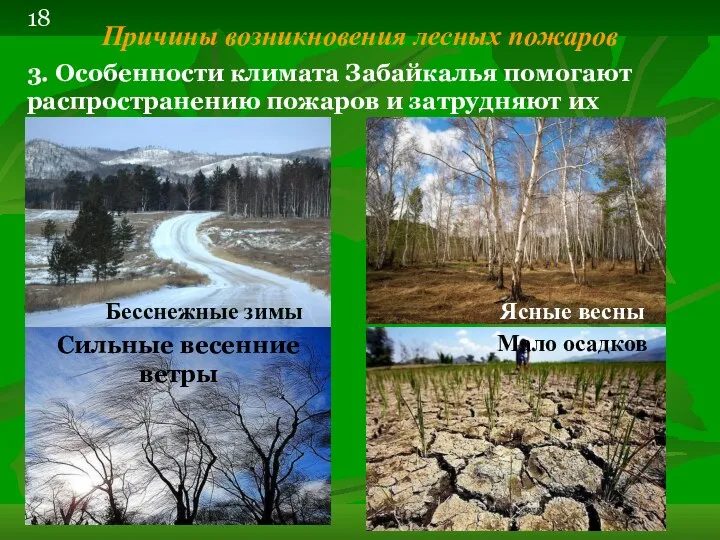 Причины возникновения лесных пожаров 3. Особенности климата Забайкалья помогают распространению пожаров