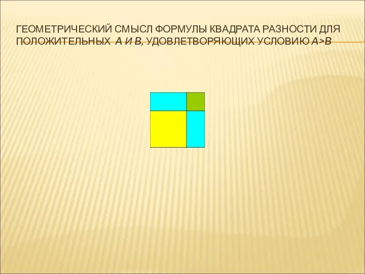 ГЕОМЕТРИЧЕСКИЙ СМЫСЛ ФОРМУЛЫ КВАДРАТА РАЗНОСТИ ДЛЯ ПОЛОЖИТЕЛЬНЫХ A И B, УДОВЛЕТВОРЯЮЩИХ УСЛОВИЮ A>B