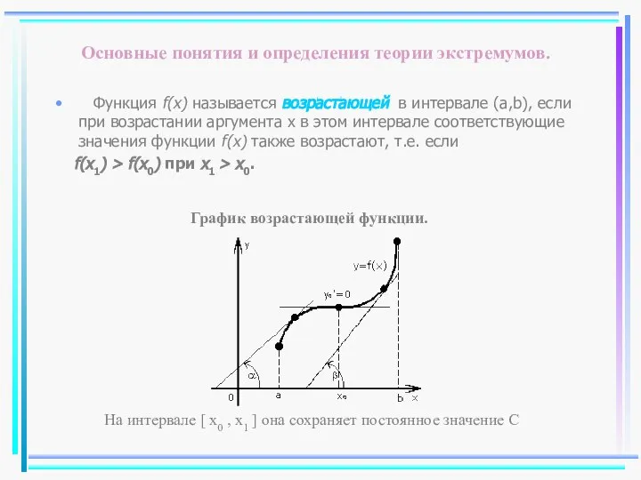 Основные понятия и определения теории экстремумов. Функция f(x) называется возрастающей в