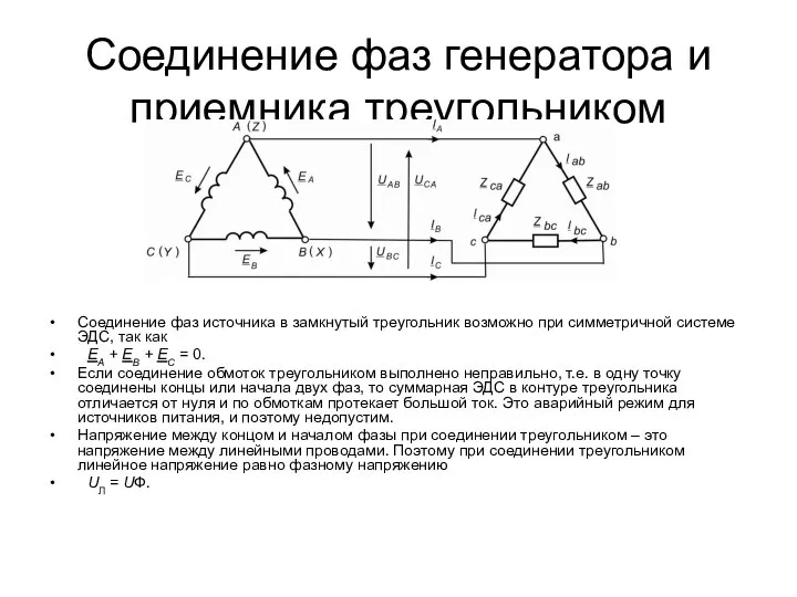 Соединение фаз генератора и приемника треугольником Соединение фаз источника в замкнутый