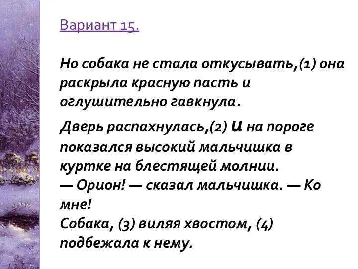 Вариант 15. Но собака не стала откусывать,(1) она раскрыла красную пасть