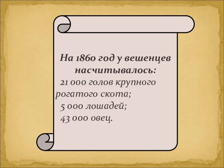 На 1860 год у вешенцев насчитывалось: 21 000 голов крупного рогатого