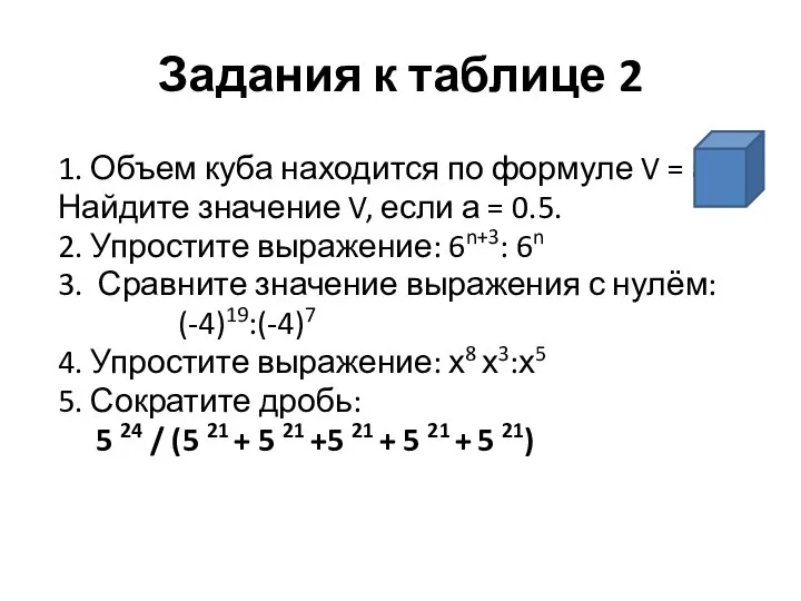 Задания к таблице 2 1. Объем куба находится по формуле V