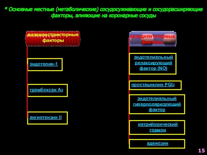 * Основные местные (метаболические) сосудосуживающие и сосудорасширяющие факторы, влияющие на коронарные