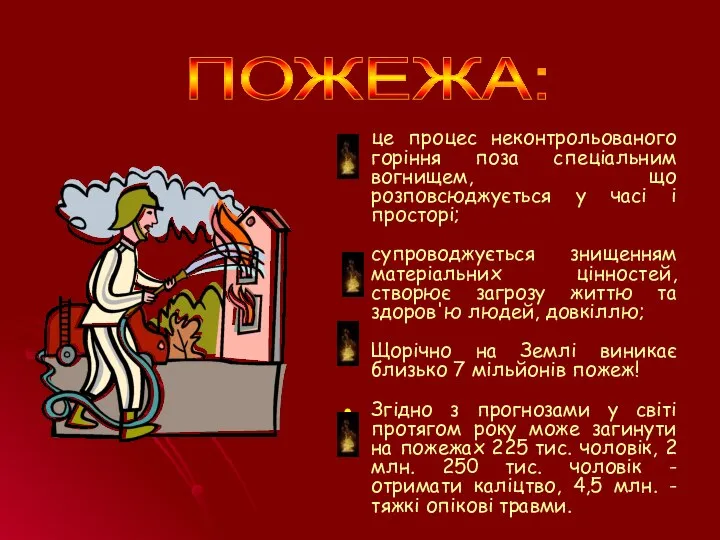 ПОЖЕЖА: це процес неконтрольованого горіння поза спеціальним вогнищем, що розповсюджується у