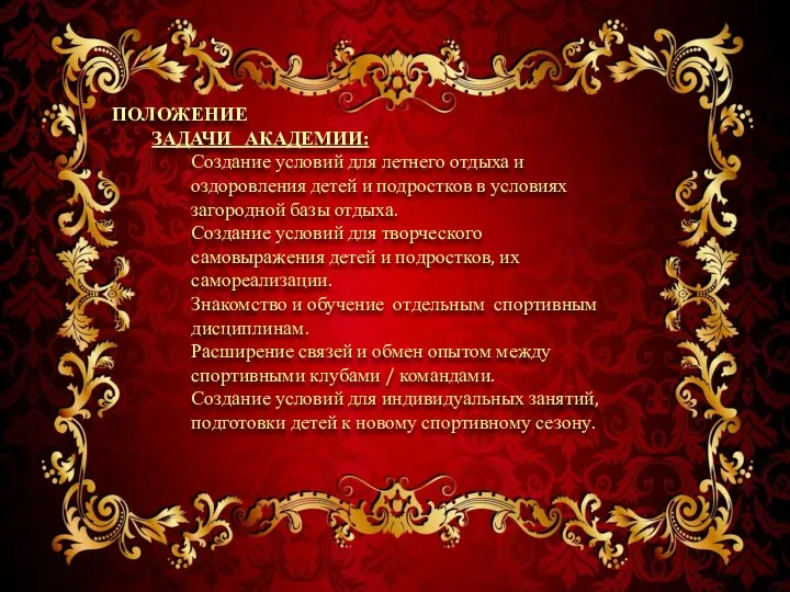 ПОЛОЖЕНИЕ ЗАДАЧИ АКАДЕМИИ: Создание условий для летнего отдыха и оздоровления детей