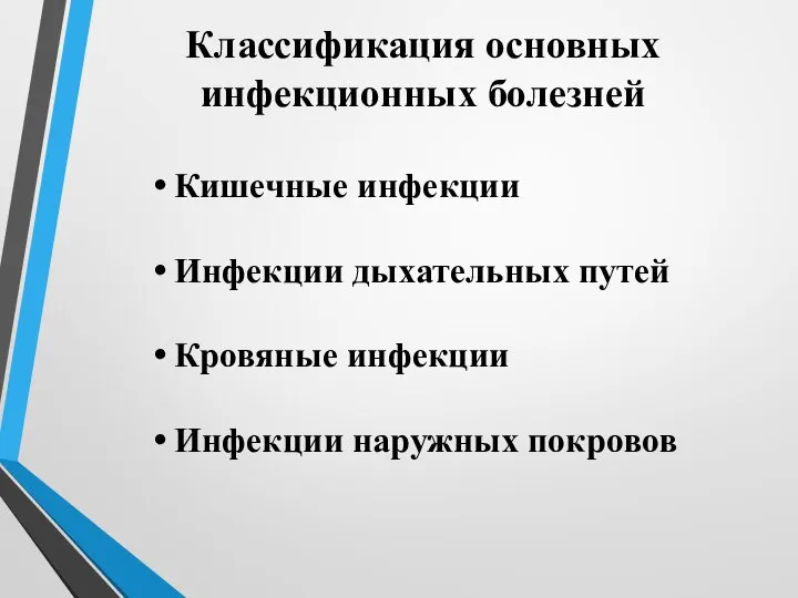 Классификация основных инфекционных болезней Кишечные инфекции Инфекции дыхательных путей Кровяные инфекции Инфекции наружных покровов