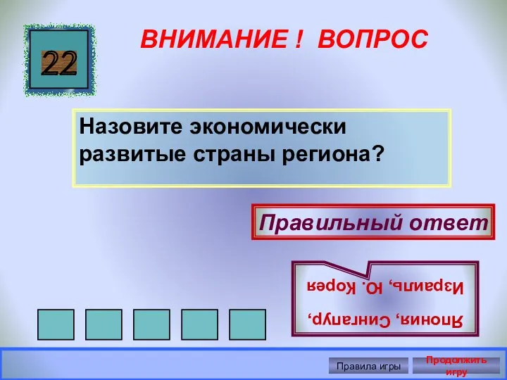 ВНИМАНИЕ ! ВОПРОС Назовите экономически развитые страны региона? 22 Правильный ответ