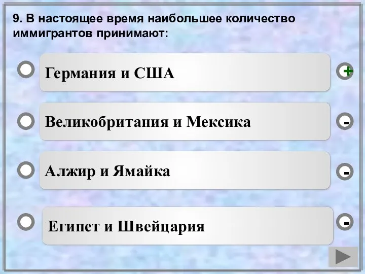 9. В настоящее время наибольшее количество иммигрантов принимают: Германия и США