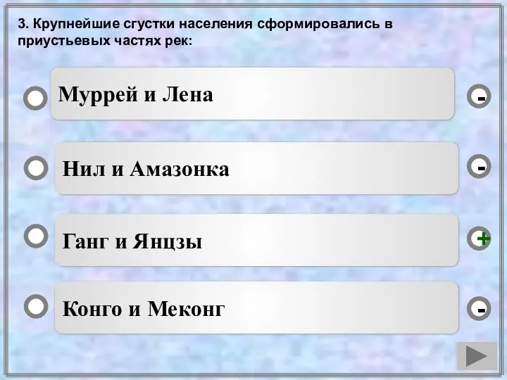 3. Крупнейшие сгустки населения сформировались в приустьевых частях рек: Ганг и