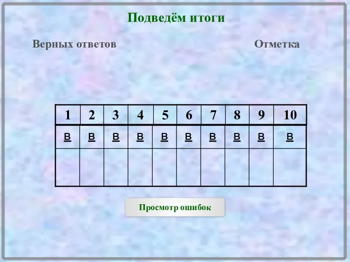 Подведём итоги Верных ответов Отметка Просмотр ошибок в в в в