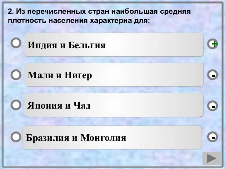 2. Из перечисленных стран наибольшая средняя плотность населения характерна для: Индия