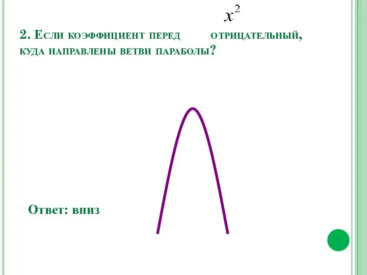 2. Если коэффициент перед отрицательный, куда направлены ветви параболы? Ответ: вниз