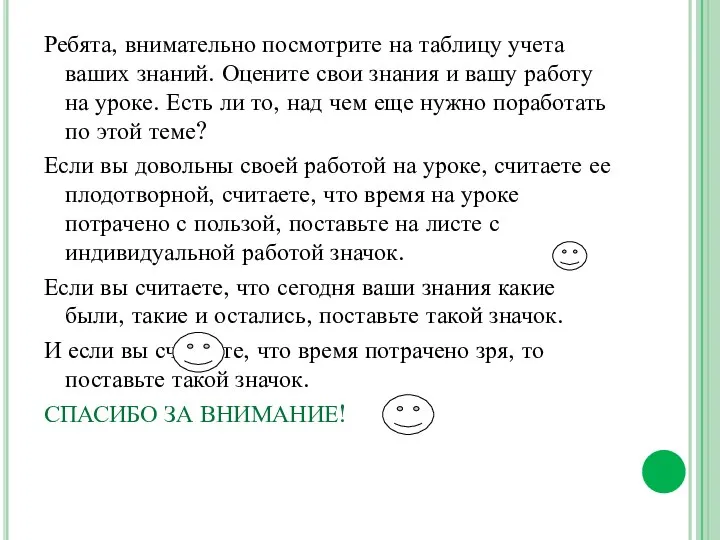 Ребята, внимательно посмотрите на таблицу учета ваших знаний. Оцените свои знания