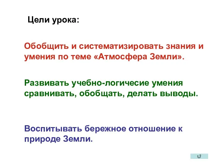 Цели урока: Обобщить и систематизировать знания и умения по теме «Атмосфера