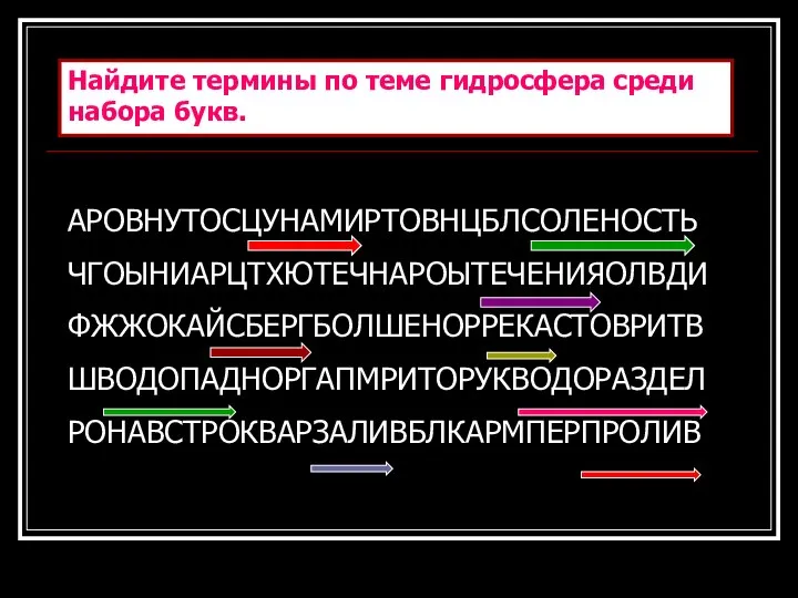 Найдите термины по теме гидросфера среди набора букв. АРОВНУТОСЦУНАМИРТОВНЦБЛСОЛЕНОСТЬ ЧГОЫНИАРЦТХЮТЕЧНАРОЫТЕЧЕНИЯОЛВДИ ФЖЖОКАЙСБЕРГБОЛШЕНОРРЕКАСТОВРИТВ ШВОДОПАДНОРГАПМРИТОРУКВОДОРАЗДЕЛ РОНАВСТРОКВАРЗАЛИВБЛКАРМПЕРПРОЛИВ