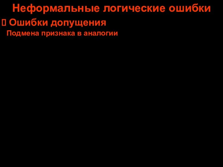 Неформальные логические ошибки Ошибки допущения Подмена признака в аналогии