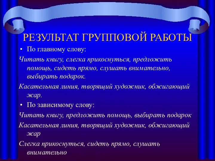 РЕЗУЛЬТАТ ГРУППОВОЙ РАБОТЫ По главному слову: Читать книгу, слегка прикоснуться, предложить