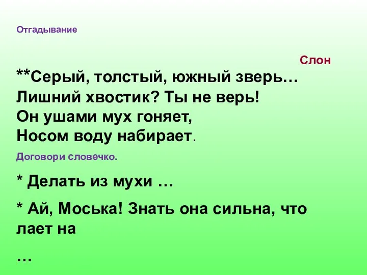 Отгадывание **Серый, толстый, южный зверь… Лишний хвостик? Ты не верь! Он