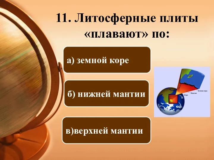 11. Литосферные плиты «плавают» по: а) земной коре в)верхней мантии б) нижней мантии