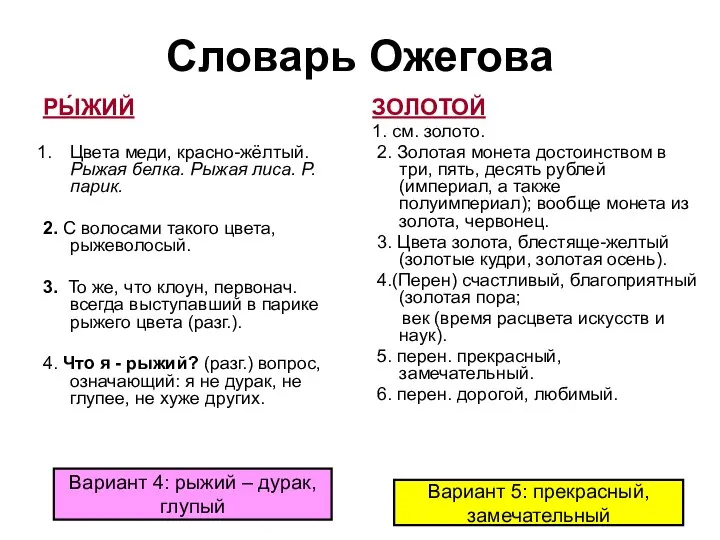 Словарь Ожегова РЫ́ЖИЙ Цвета меди, красно-жёлтый. Рыжая белка. Рыжая лиса. Р.