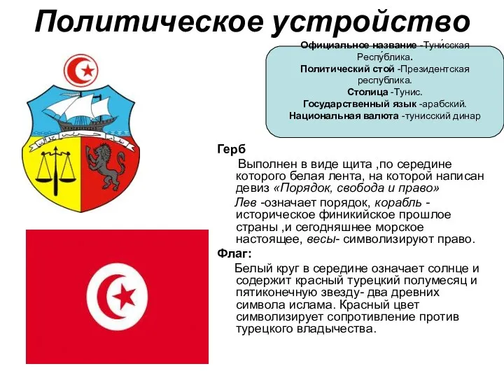 Официальное название -Туни́сская Респу́блика. Политический стой -Президентская республика. Столица -Тунис. Государственный