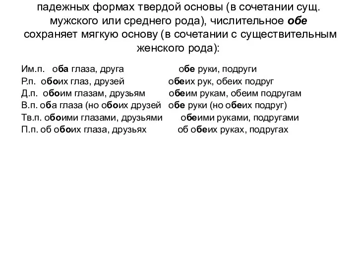 Числительное оба склоняется с сохранением во всех падежных формах твердой основы