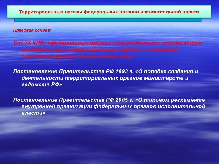 Территориальные органы федеральных органов исполнительной власти Правовая основа: Ст. 78 КРФ: