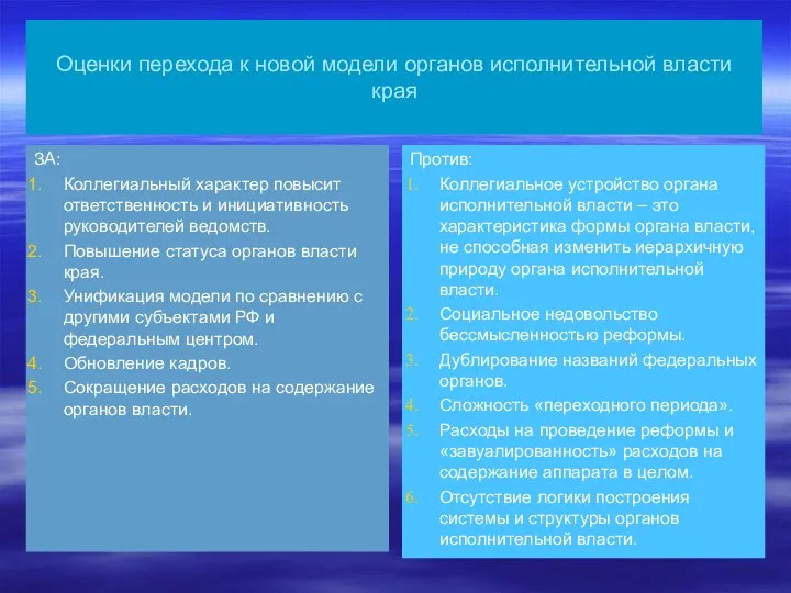 Оценки перехода к новой модели органов исполнительной власти края ЗА: Коллегиальный