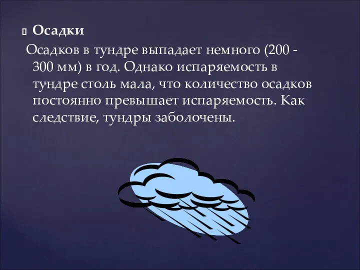 Осадки Осадков в тундре выпадает немного (200 - 300 мм) в