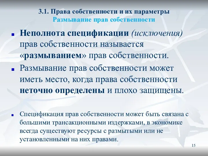 3.1. Права собственности и их параметры Размывание прав собственности Неполнота спецификации